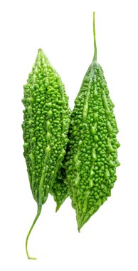 Üç küçük yeşil acı kabak ya da acı kavun yığını beyaz arka planda kırpma yolu ile izole edilir.