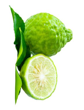 Taze yeşil bergamot meyveleri veya yarım ve yeşil yapraklı kaffir limonu beyaz arka planda kırpma yolu ile izole edilir.