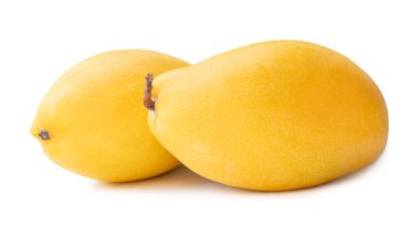 Yığınla su damlacıkları olan iki olgun sarı mango meyvesi beyaz arka planda kırpma yolu ile izole edilmiştir..