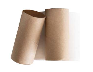 Kağıt rulo ya da tuvalet kağıdı rulo çekirdek veya kağıt tüpler ile yığın beyaz arka planda kırpma yolu ile izole edilir.