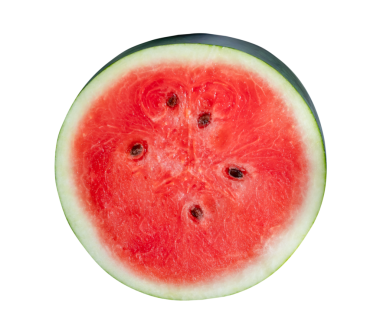 Bir yarıda olgun kırmızı karpuz meyvesinin üst görünümü png dosya biçiminde kırpma yolu ile izole edilmiştir.