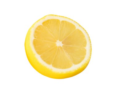 Olgun sarı limon meyvesinin ön görüntüsü tek bir daire diliminde kesme yolu ile beyaz arkaplanda izole edilmiştir..
