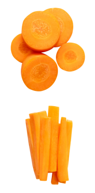 Üst görünüm turuncu havuç dilimleri daire şeklinde kesilir ve iki yığın halinde yapışık şekiller png dosya biçiminde kırpma yolu ile izole edilir.