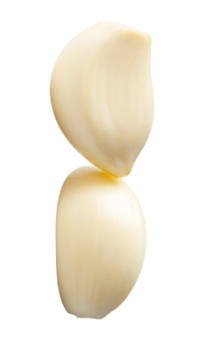 Soyulmuş iki sarımsak karanfil veya parçasının yan görünümü png dosya biçiminde kırpma yolu ile izole edilmiştir.