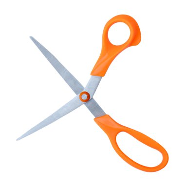 Turuncu saplı açık çok amaçlı makasın üst görünümü kırpma yolu ile beyaz arkaplanda izole edilir.