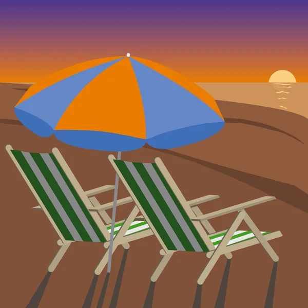 Twee ligstoelen op het strand. Zonsondergang. Vectorillustratie — Stockvector