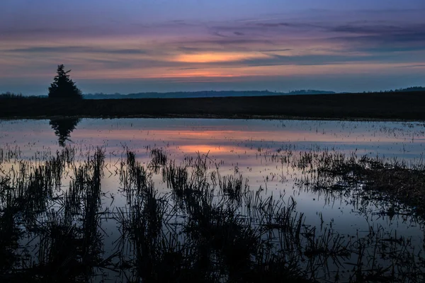 Sonnenuntergangsreflexionen mit Linien im Wasser, die Sie zu diesem wunderschönen Sonnenuntergang führen — Stockfoto