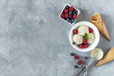 Ahududu ve yaban mersinli vanilyalı dondurma kepçeleri gri arka planda bir kasenin üstünde. Yaz tatlısını tazeliyorum.. 