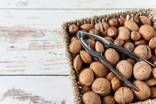 Variety Shelled Nuts Nutcracker Wooden Background Superfood Healthy Eating — Stock Photo, Image