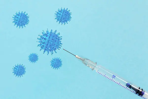 Virüs Aşısı Kavramı Enjeksiyonlu Şırınga Mavi Arka Planda Virüsün Parçaları — Stok fotoğraf