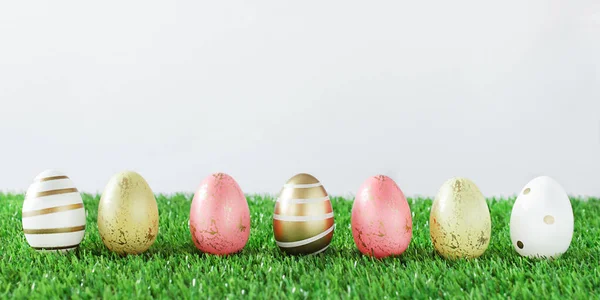 Colorful Easter Eggs Grass White Background Easter Holiday Greeting Card — Stock Photo, Image