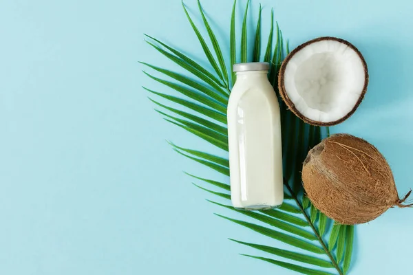 Bottle of coconut vegan milk and coconuts top view on blue background.
