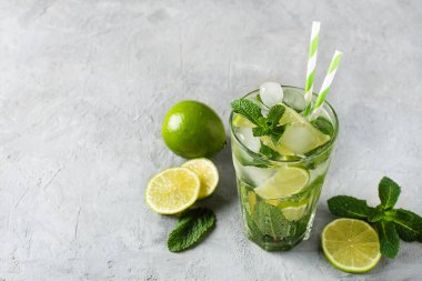 Buzlu mojito kokteyli, taze nane ve limon. Bir bardak soğuk mojito..