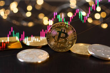 Merkezinde kara fon olan çeşitli kripto para birimleri. Kripto para, sanal para. Sanal dijital para birimi. Kripto para birimi borsası.