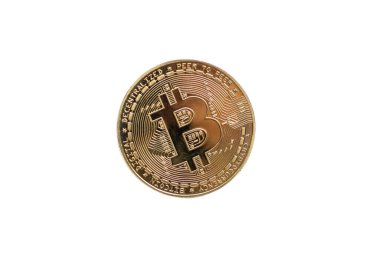 Bitcoin kripto para birimi beyaz arka planda izole edildi. Finans sektörü, çevrimiçi pazar ve yatırım için Bitcoin para birimi. 