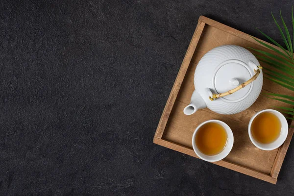 Wooden Tray Teapot Tea Cups Tea Drink Top View Black — Stock Photo, Image