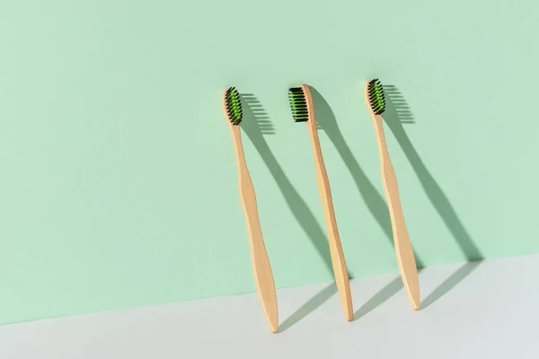 Eco Friendly Bamboo Toothbrushes Green Wall Zero Waste Hygiene Products — Stock Photo, Image