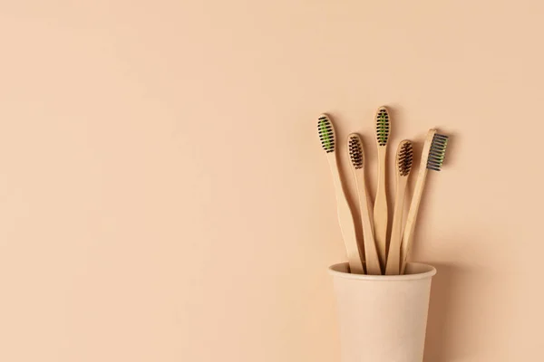 Eco Friendly Bamboo Toothbrushes Top View Zero Waste Hygiene Products — Stock Photo, Image