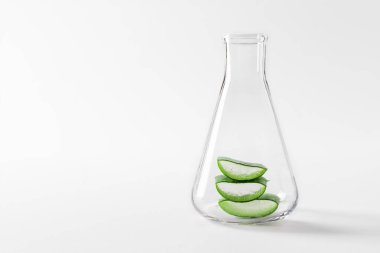 Aloe Vera, beyaz arka planda bir laboratuvar şişesinde bitki dilimliyor. Doğal kozmetik ve alternatif tıp için Aloe vera bileşenleri.