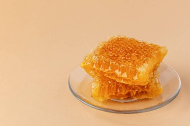 Cam tabakta bal peteği dilimleri. Sağlıklı organik bal. Tatlı sağlıklı tatlı..