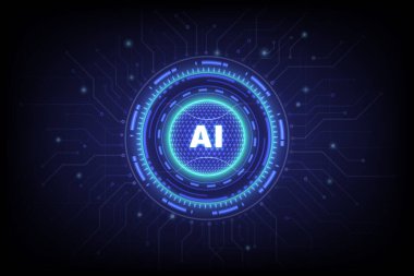 Artificial Intelligence (AI) wording with the circuit design, Abstract futuristic digital and technology on glowing blue neon color background