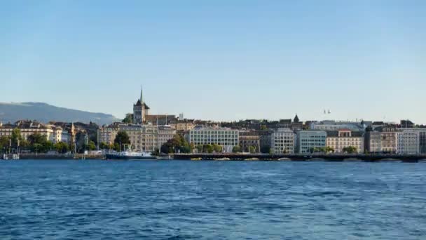 Genève lakeside dag nacht tijd vervalt — Stockvideo