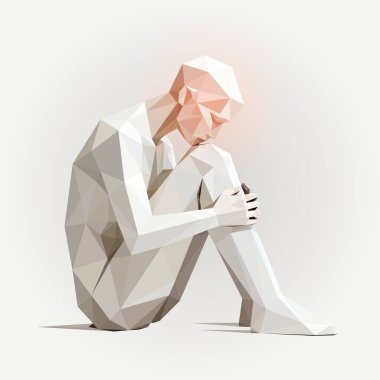 Geometrik, düşük polyester bir figür yansıtıcı bir pozisyonda oturur, kollar dizine dolanır. Yumuşak tarafsız tonlar sakinliği, yalnızlığı ve içgözlem duygusunu çağrıştırır. Ruh sağlığı teması için uygundur..