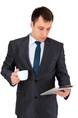 Genç başarılı iş adamı beyaz izole iş kıyafeti,