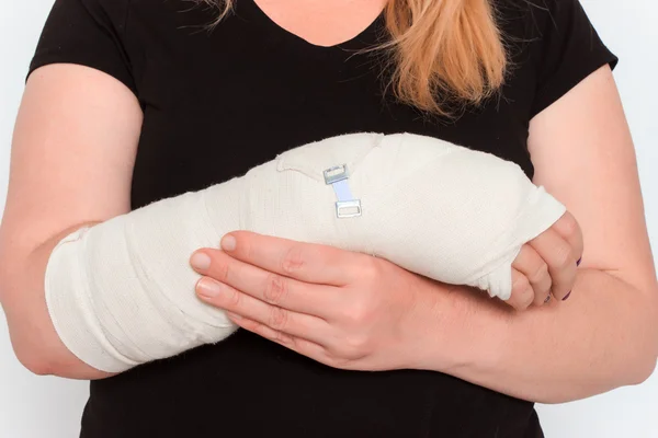 Young female with broken hand in cast — Stock Photo, Image