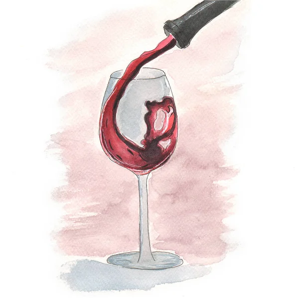 Стакан вина. Акварельный рисунок бокала с вином. Вино наливают в бокал. Винный набросок. — стоковое фото