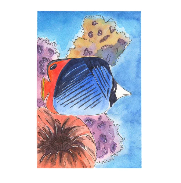 Disegno ad acquerello dei pesci in mare. Mare egiziano in profondità. Illuminato dalla luce solare. Il pesce nuota attraverso i coralli. Antichi storici, famose attrazioni turistiche nel Mar Rosso. Acquedotto — Foto Stock
