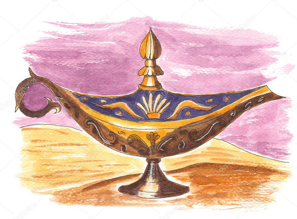 Aladins lamp. Watercolor drawing. Aladdins magical golden lamp.