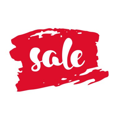 Modern satış etiketi. Kırmızı ve beyaz etiketli. El yazısıyla yazılmış harfler. Mürekkep fırçası darbesiyle satış kelimesi. Kaligrafi tasarım elemanı. Satış geçmişi. Vektör illüstrasyonu.