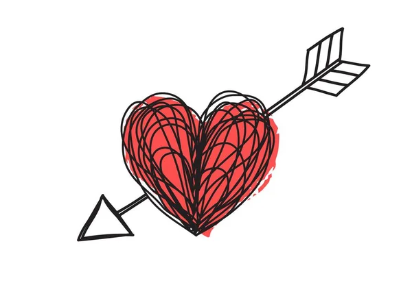 Corazón Flecha Forma Garabato Gruñón Enredado Mano Dibujada Con Línea — Vector de stock