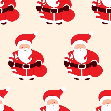 Noel Baba, şeker kamışı ve hediye çantasıyla kusursuz bir Noel deseni. Sakallı bir adamın çizgi film karakteri. Vektör illüstrasyonu