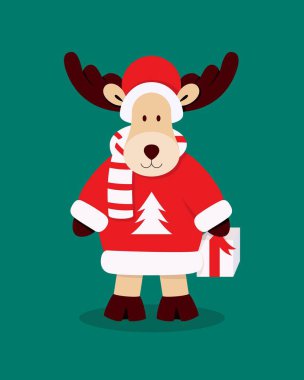 Geyik, şeker kamışı ve hediye çantalı mutlu Noeller. Sakallı bir adamın çizgi film karakteri. Vektör illüstrasyonu