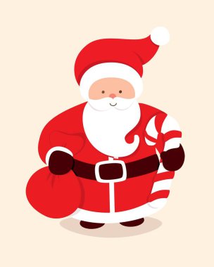 Noel Baba, şeker kamışı ve hediye çantasıyla mutlu Noeller. Sakallı bir adamın çizgi film karakteri. Vektör illüstrasyonu