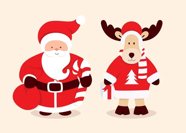 Fröhliche Weihnachtskarte Mit Weihnachtsmann Und Hirsch Zuckerrohr Und Geschenktüte Zeichentrickfigur — Stockvektor