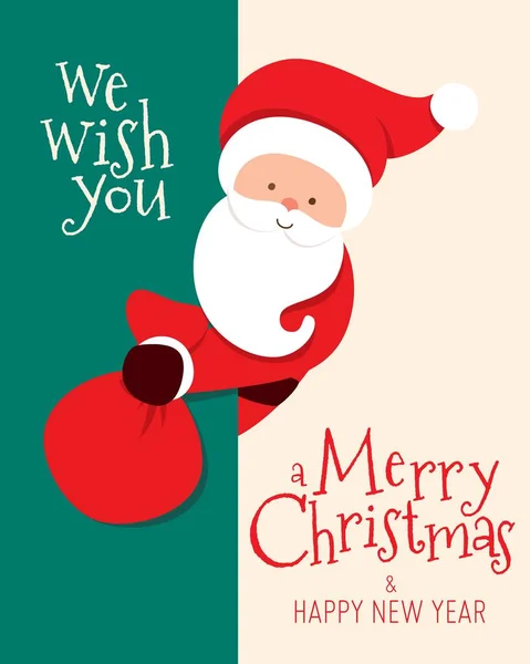 Merry Christmas Card Santa Claus Peeking Holding Presents Bag Cartoon — Stock Vector