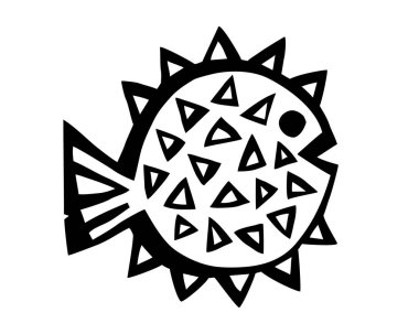 Mürekkep fırçası darbesiyle boyanmış, beyaz arka planda izole edilmiş şirin bir balık eli. Grunge vektör illüstrasyonu