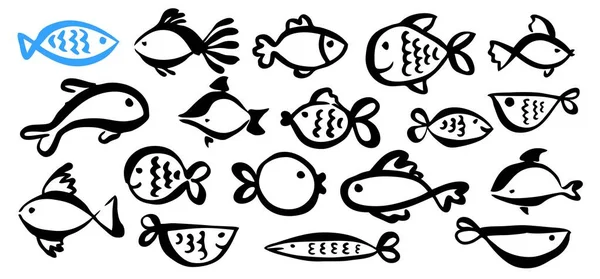 Conjunto de peces de dibujos animados lindo pintado a mano con pincelada de tinta — Vector de stock