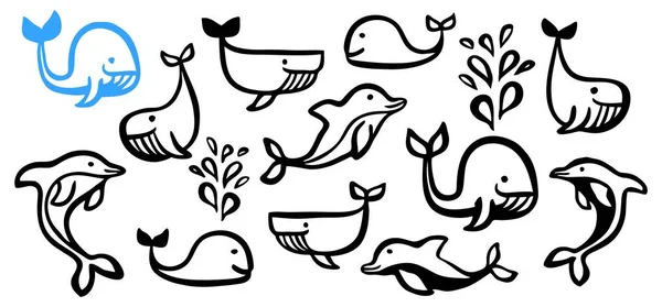 Lindo conjunto de dibujos animados de ballenas y delfines pintados a mano con pincel de tinta — Vector de stock