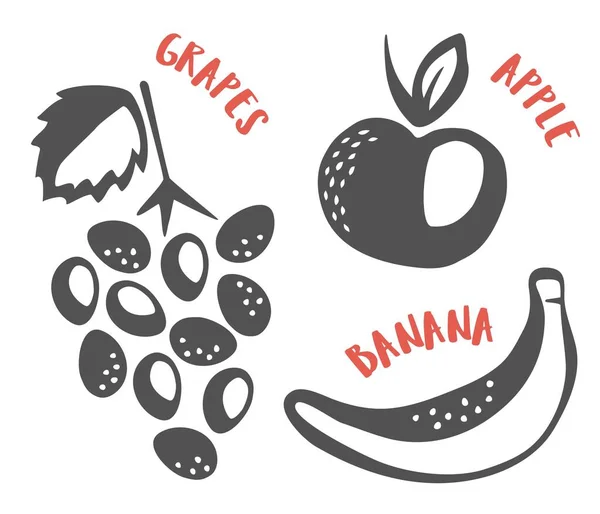 葡萄、苹果和香蕉手绘墨刷 — 图库矢量图片