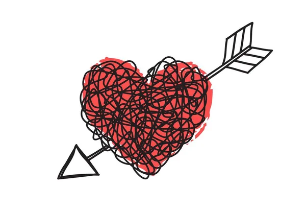 Corazón Flecha Forma Garabato Gruñón Enredado Mano Dibujada Con Línea — Vector de stock