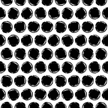 Kusursuz desenli grunge daireleri. Geometrik grafik tasarım elemanı. Siyah beyaz el fırça darbesi dokusu. El çizimi yuvarlak şekiller arka plan. Vektör illüstrasyonu