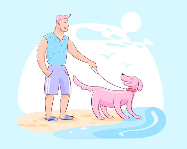 Man walking his dog on the beach — Stock Vector