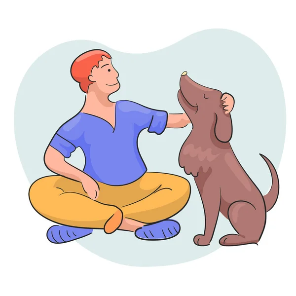 Hombre sentarse cerca domestik perro hermosa imagen Ilustración De Stock