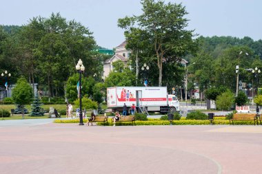 Vaccination station in the city of Korsakov. Sakhalin. Russia july 2021 