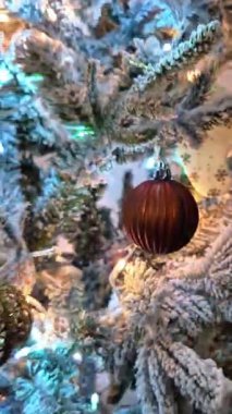 Işıkları ve altın süslemeleri olan süslü bir Noel ağacı bir pencereye yansıyan kapalı bir alanda duruyor. Sahne, gece vakti özel bir evde festival detaylarını ve tatil ruhunu yakalıyor..