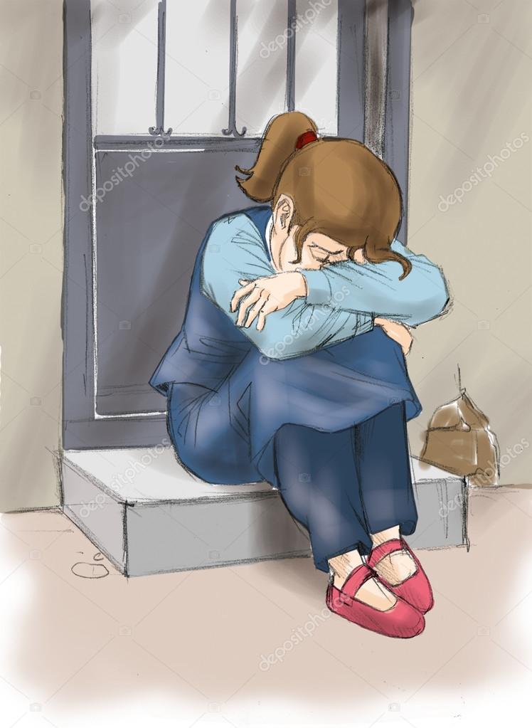 Little girl crying in front of the door